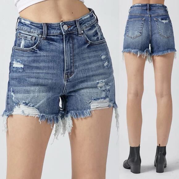 RISEN JEANS • Emmy Distressed High Rise Blue Jean Denim Shorts - Picture 1 of 8